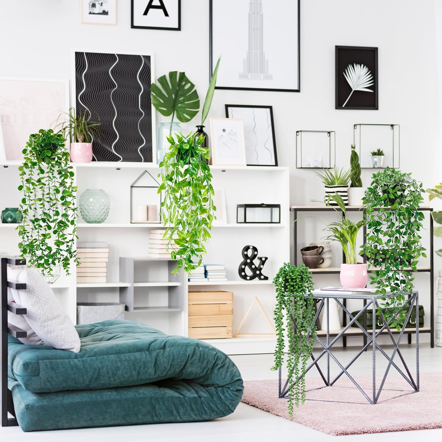 Palonu 4 Pack Artificial Hanging Plants with Black Pots