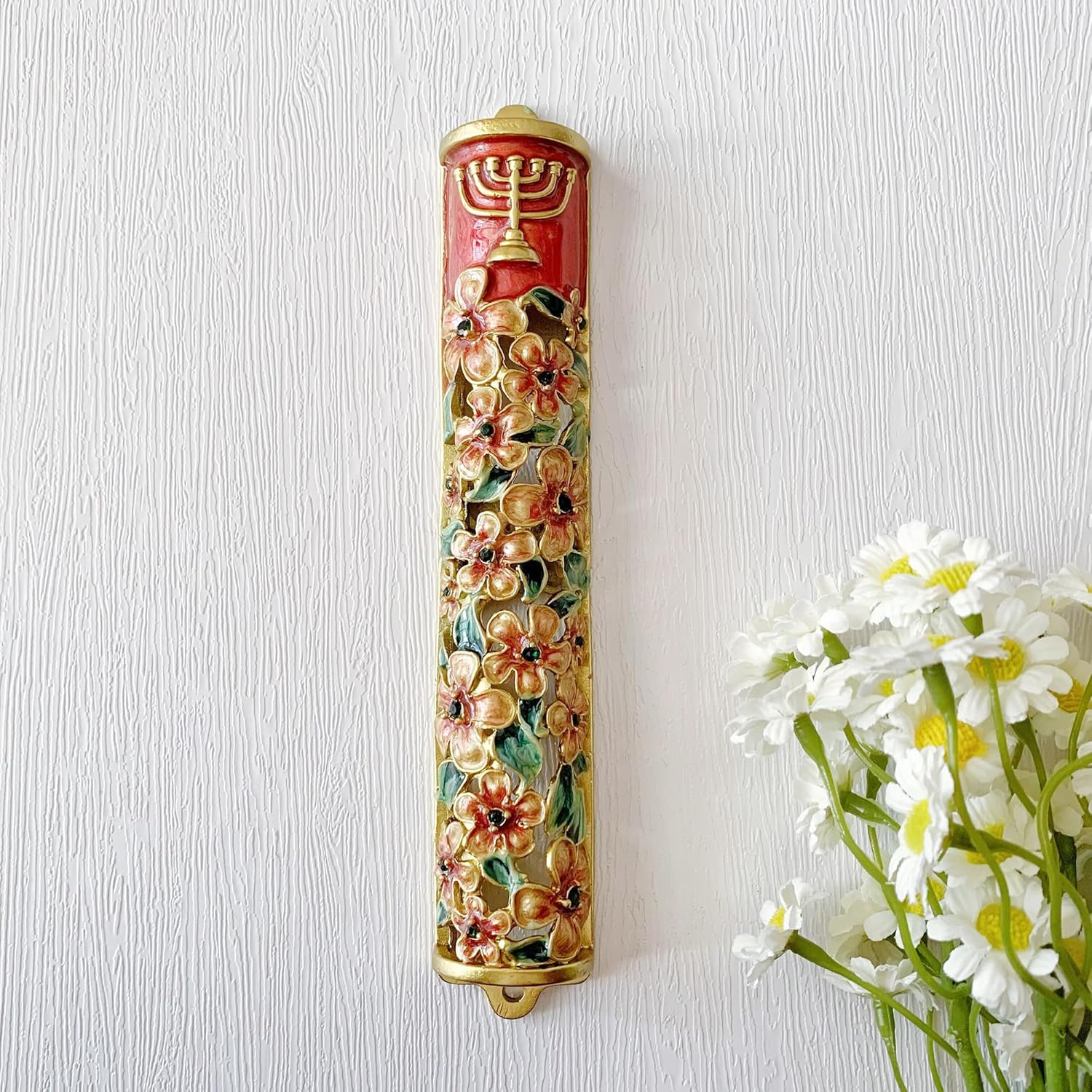 Hand Painted Mezuzah with Menorah and Pomegranate Motifs