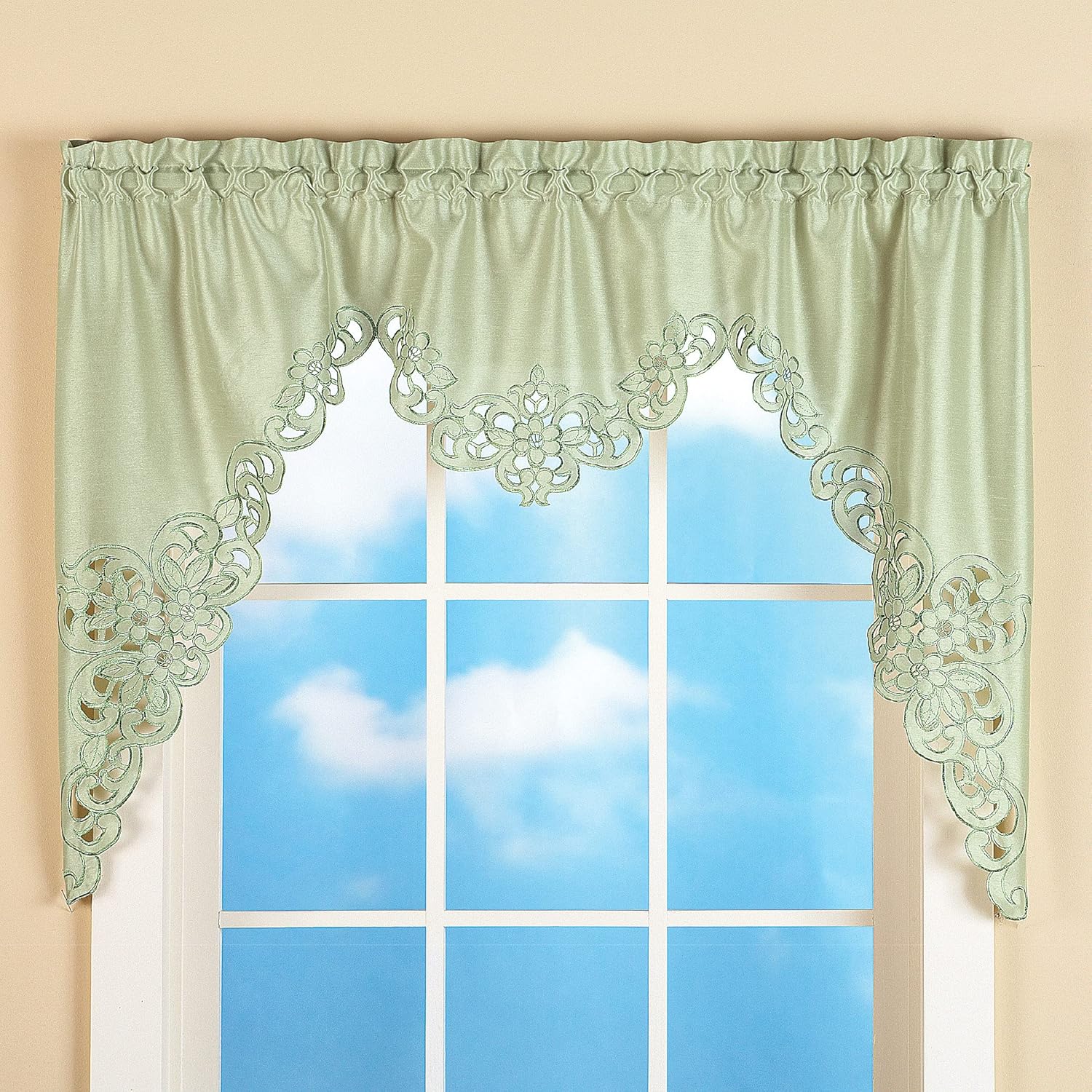 Collections Etc Scallop Cut Out Embroidered Valance with Rod Pocket Sage Green 58x36