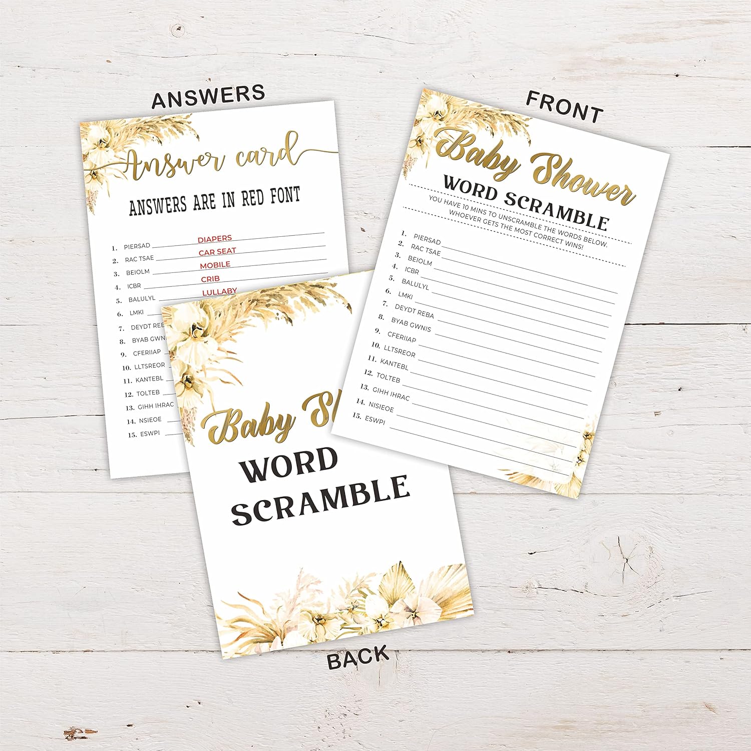 Boho Pampas Grass Baby Shower Word Scramble Game Cards