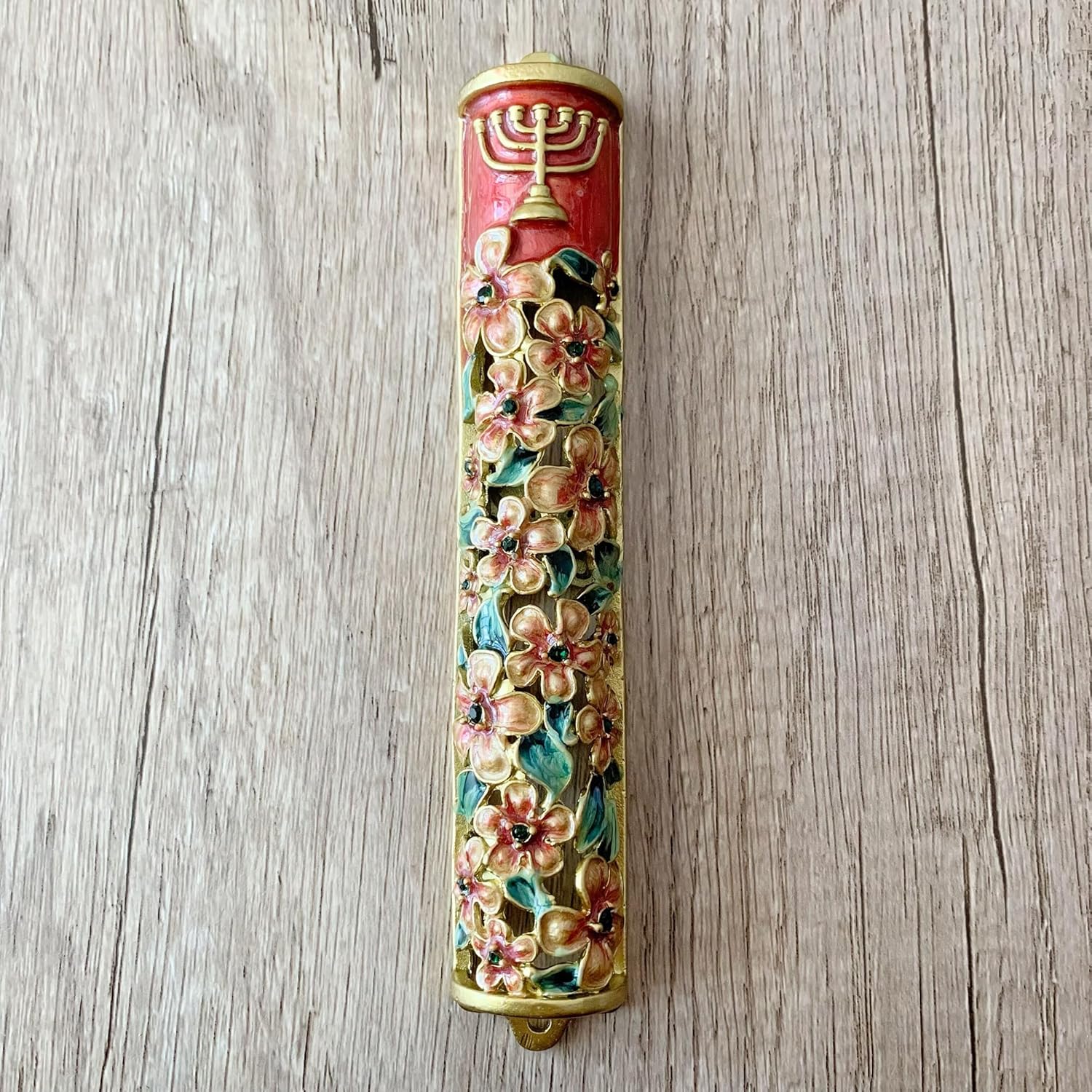 Hand Painted Mezuzah with Menorah and Pomegranate Motifs