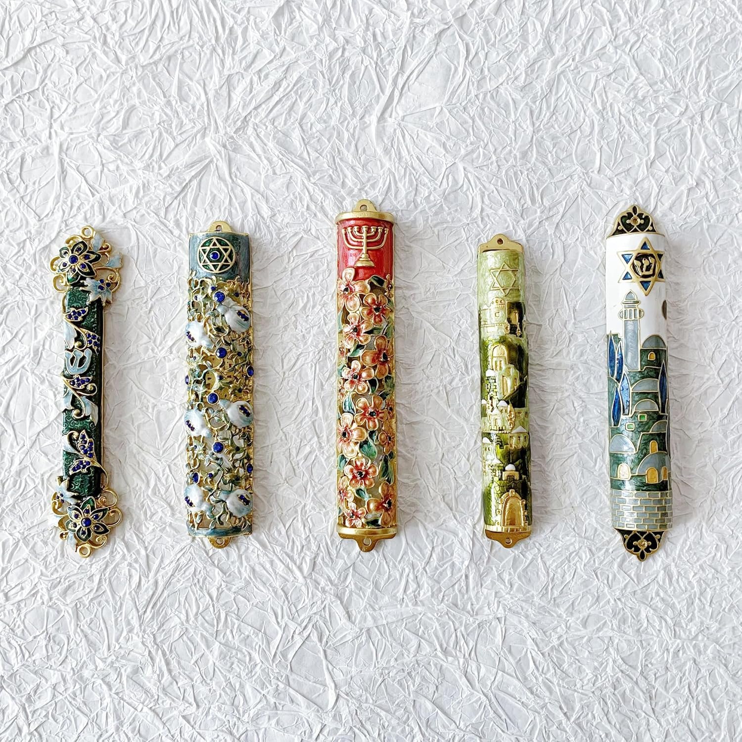 Hand Painted Mezuzah with Menorah and Pomegranate Motifs