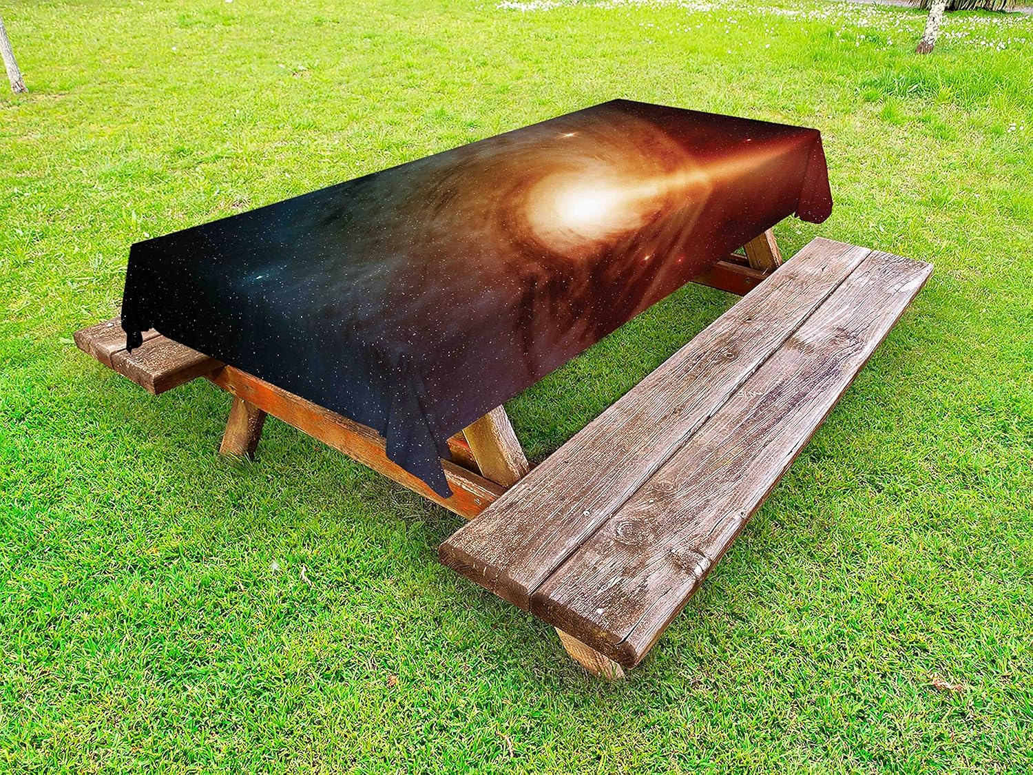 Lunarable Spiral Galaxy Space Tablecloth 58x104 Dark Orange Yellow